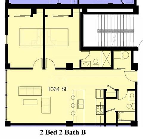 Floor plan for 2 beds, 2 baths, 1064 sqft